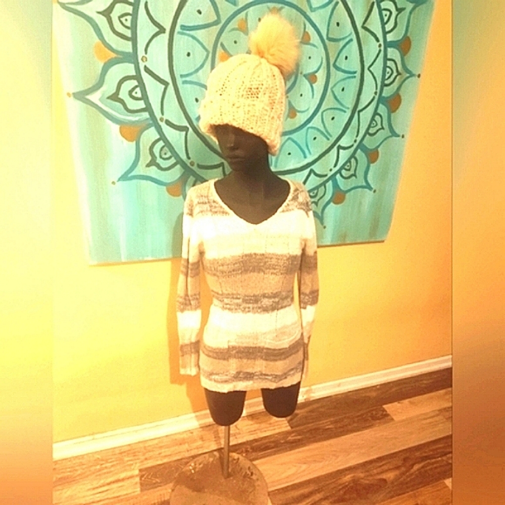 Get The Look! Striped Soft Long Sweater W Pockets & Cable Knit Hat W Fur Ball.